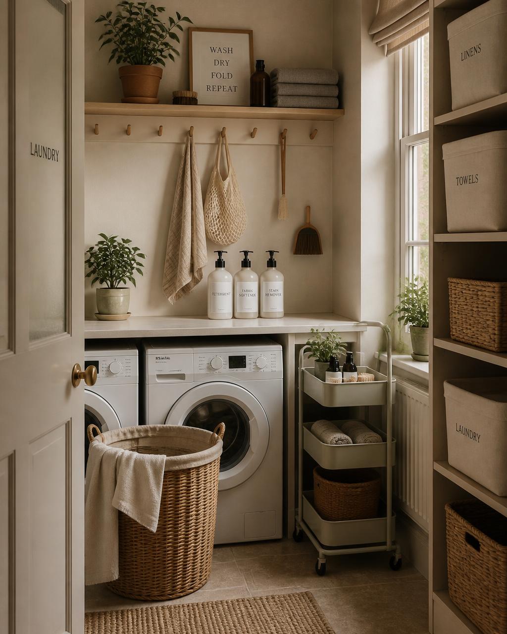Laundry organisers: woven hampers, detergent canisters and stacked utility baskets
