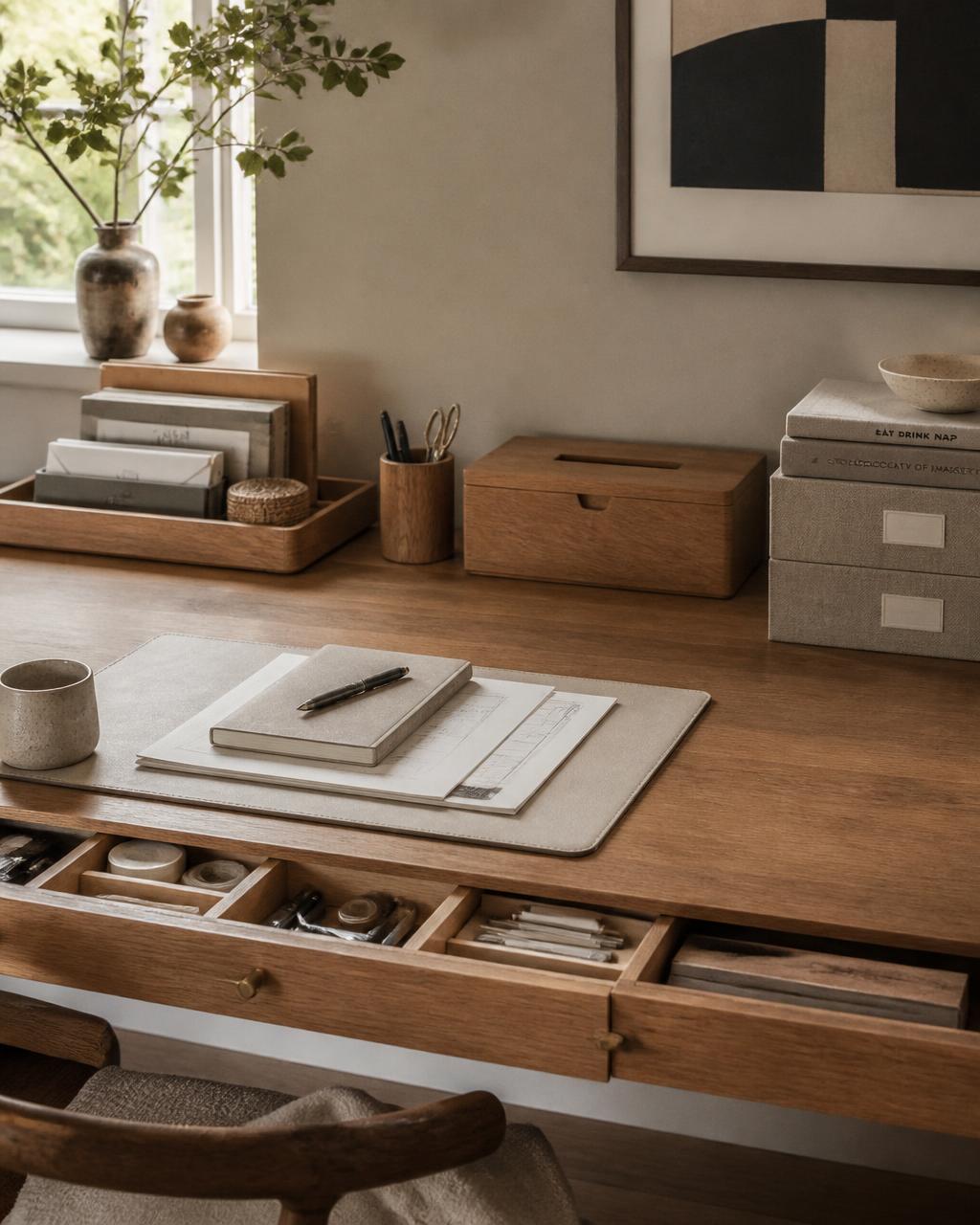 Desk organisers: oak pen trays, cable tidies and stacking document boxes