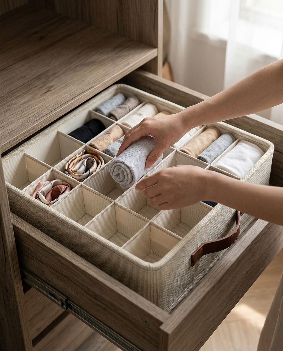 Hands placing folded clothes into the Foldora Wardrobe Organiser