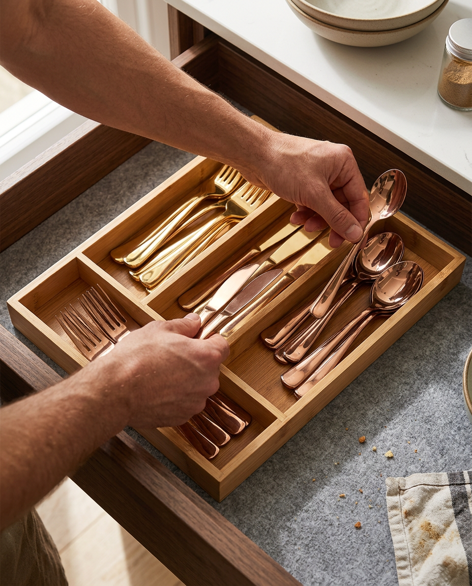 Hands arranging cutlery in the KitchenNest Bamboo Cutlery Organiser